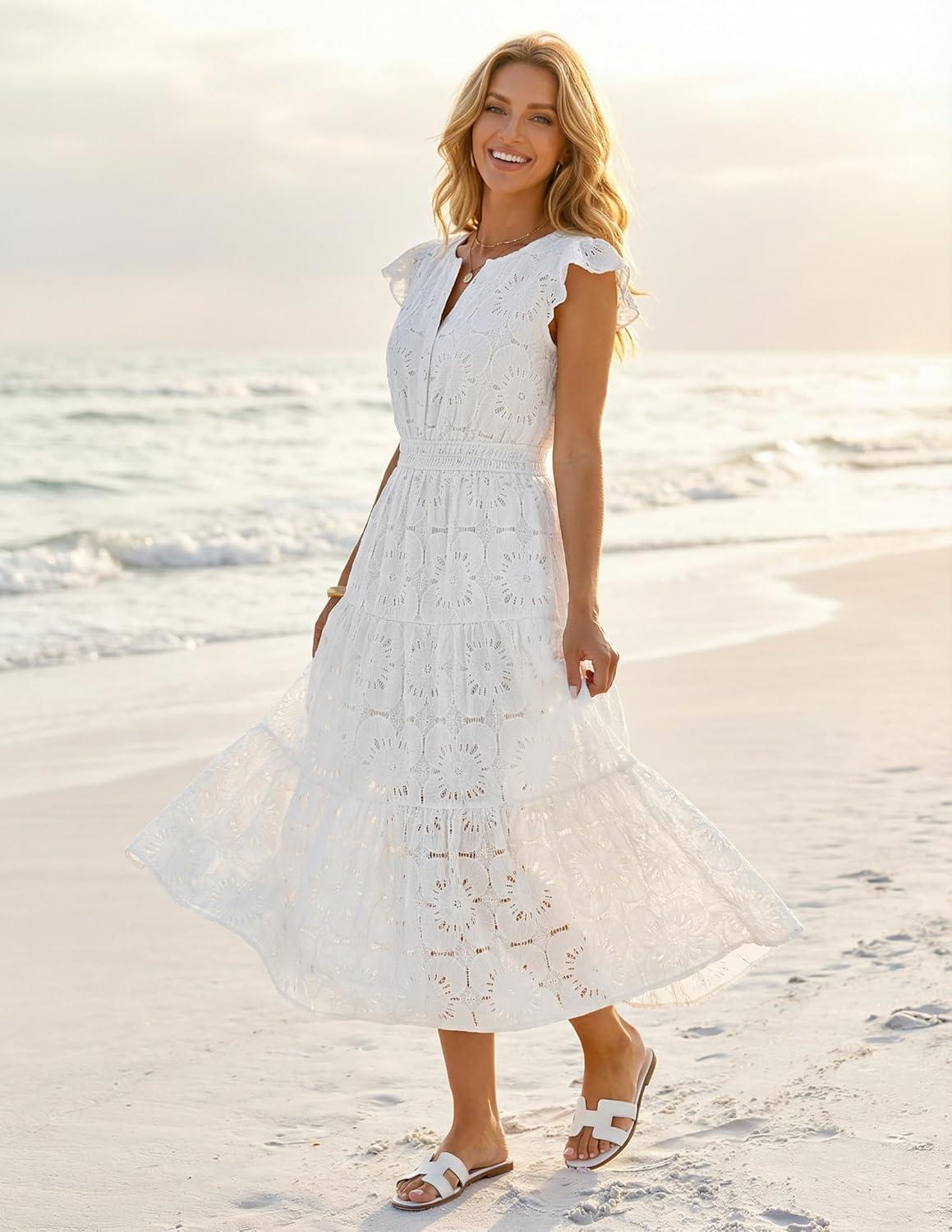 imageMEROKEETY Womens Summer Lace Eyelet Maxi Dress 2026 Spring Casual Boho Flutter Sleeve Tiered Flowy Beach Vacation DressesWhite