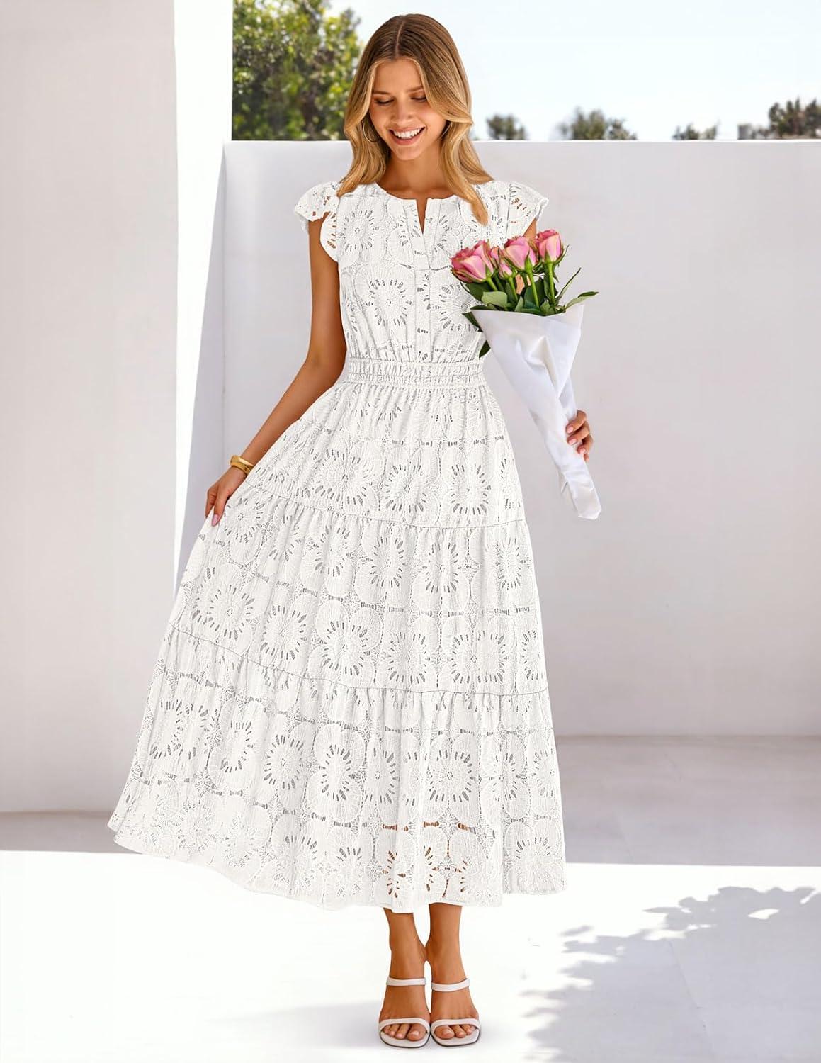 imageMEROKEETY Womens Summer Lace Eyelet Maxi Dress 2026 Spring Casual Boho Flutter Sleeve Tiered Flowy Beach Vacation DressesWhite