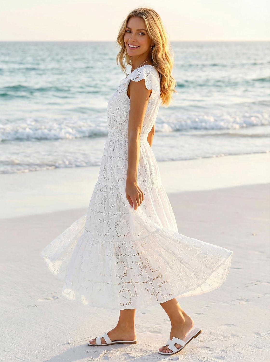 imageMEROKEETY Womens Summer Lace Eyelet Maxi Dress 2026 Spring Casual Boho Flutter Sleeve Tiered Flowy Beach Vacation DressesWhite