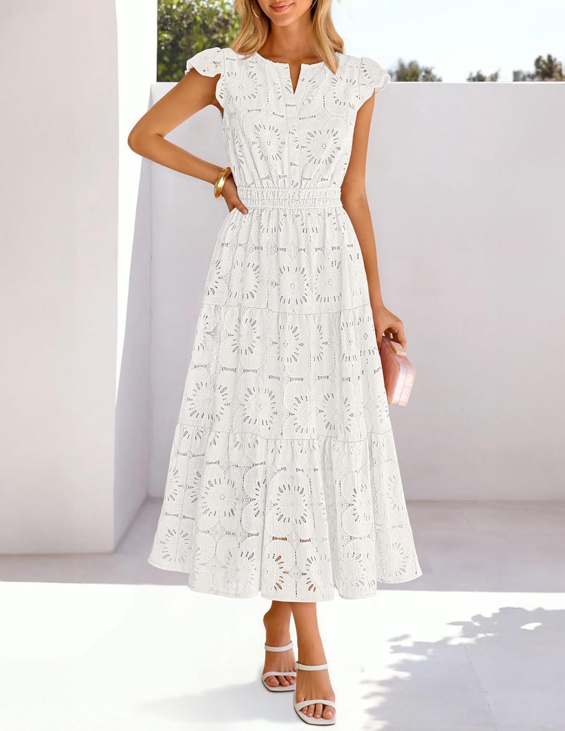 imageMEROKEETY Womens Summer Lace Eyelet Maxi Dress 2026 Spring Casual Boho Flutter Sleeve Tiered Flowy Beach Vacation DressesWhite