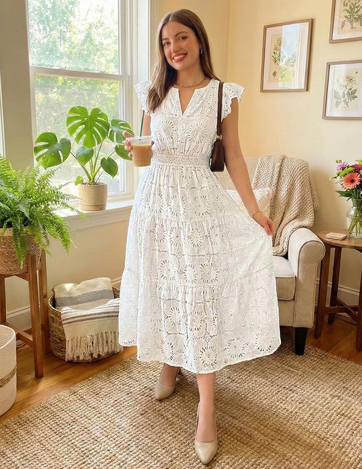 imageMEROKEETY Womens Summer Lace Eyelet Maxi Dress 2026 Spring Casual Boho Flutter Sleeve Tiered Flowy Beach Vacation DressesWhite