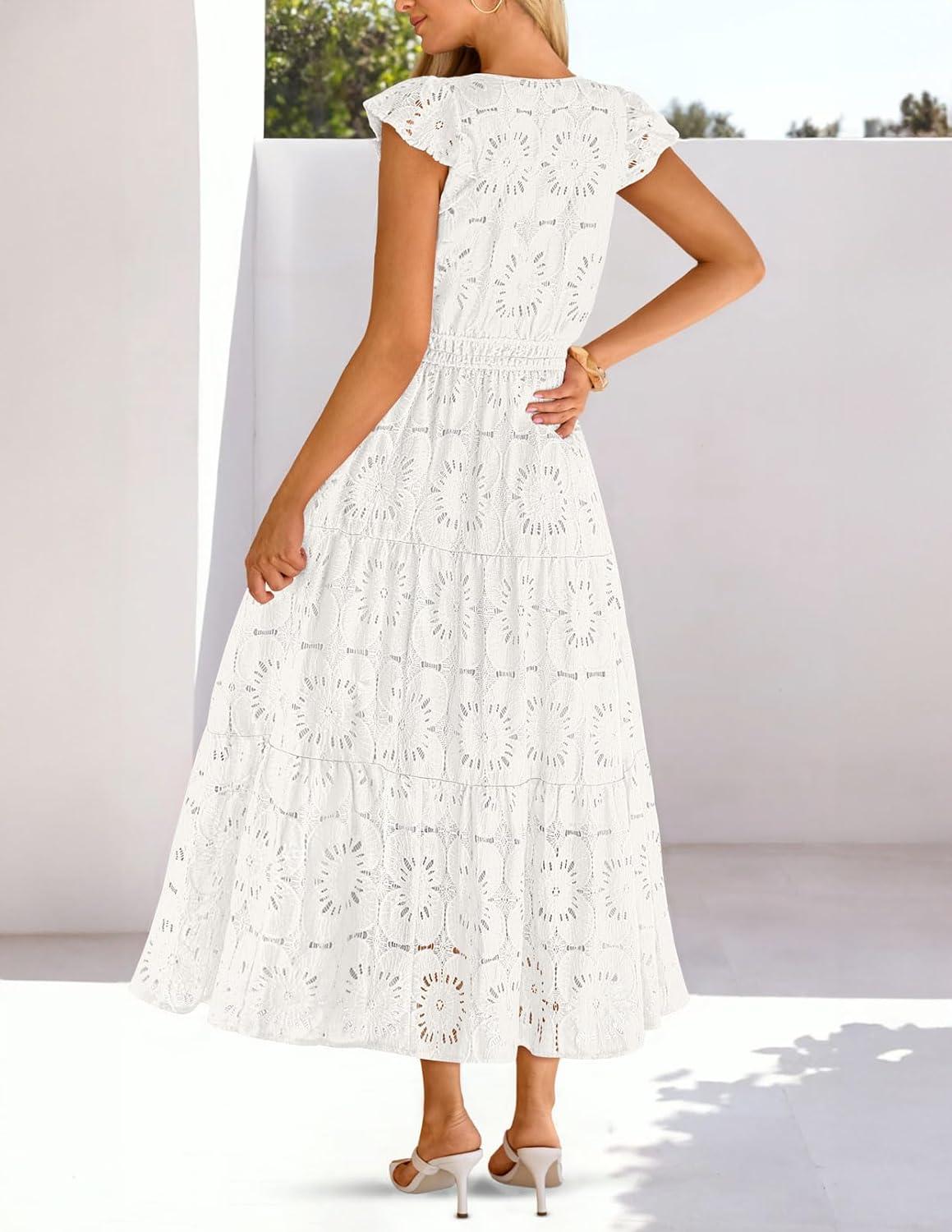imageMEROKEETY Womens Summer Lace Eyelet Maxi Dress 2026 Spring Casual Boho Flutter Sleeve Tiered Flowy Beach Vacation DressesWhite