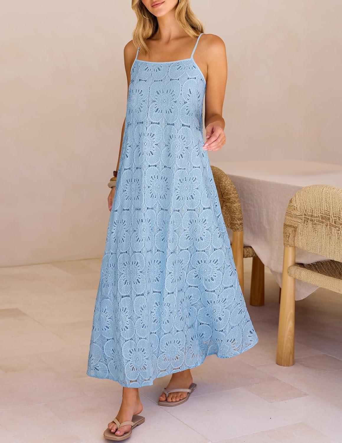 imageMEROKEETY Womens Summer Spaghetti Straps Sundress 2026 Casual Sleeveless Floral Lace Eyelet Boho Beach Maxi DressBlue