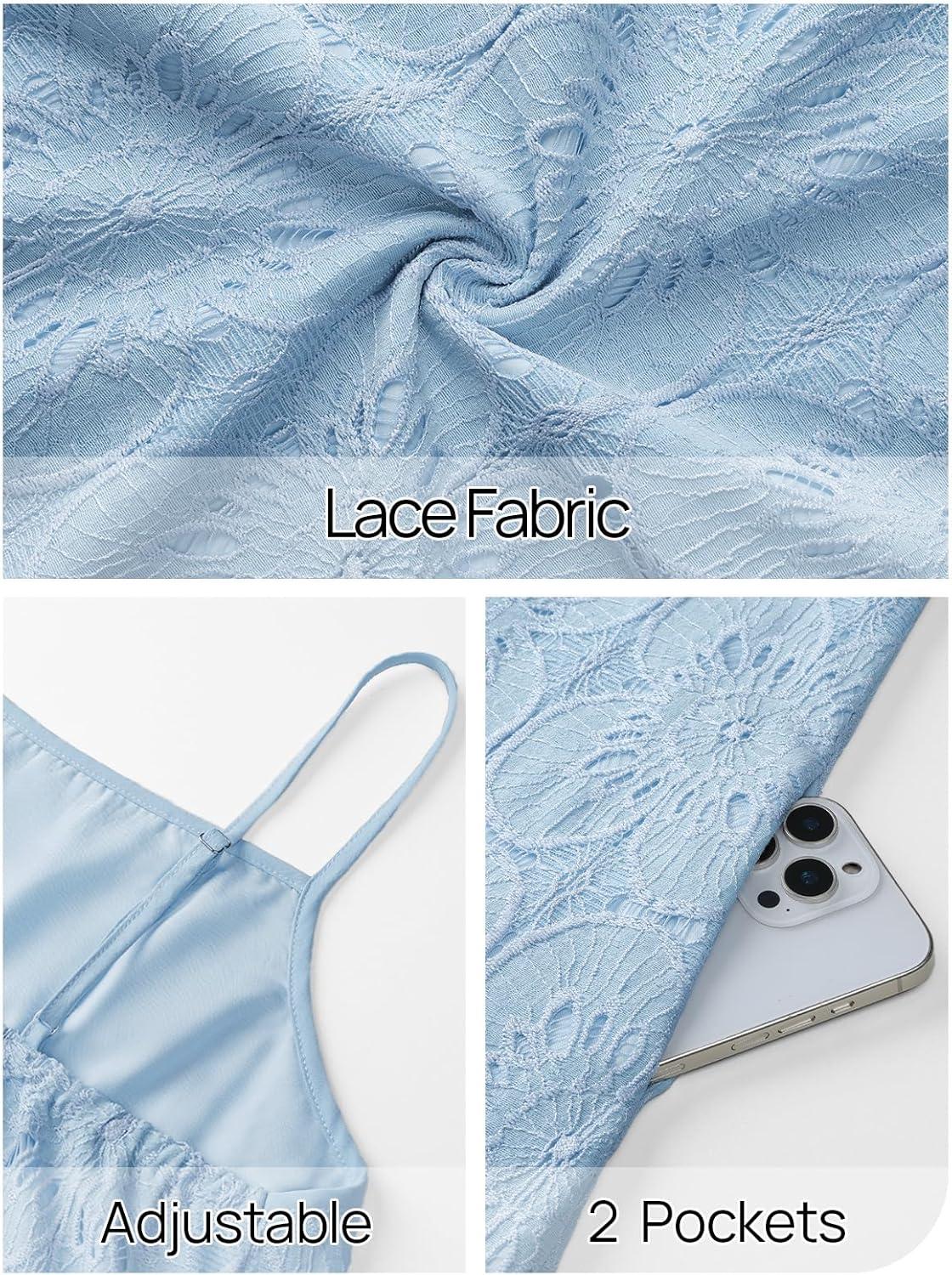 imageMEROKEETY Womens Summer Spaghetti Straps Sundress 2026 Casual Sleeveless Floral Lace Eyelet Boho Beach Maxi DressBlue