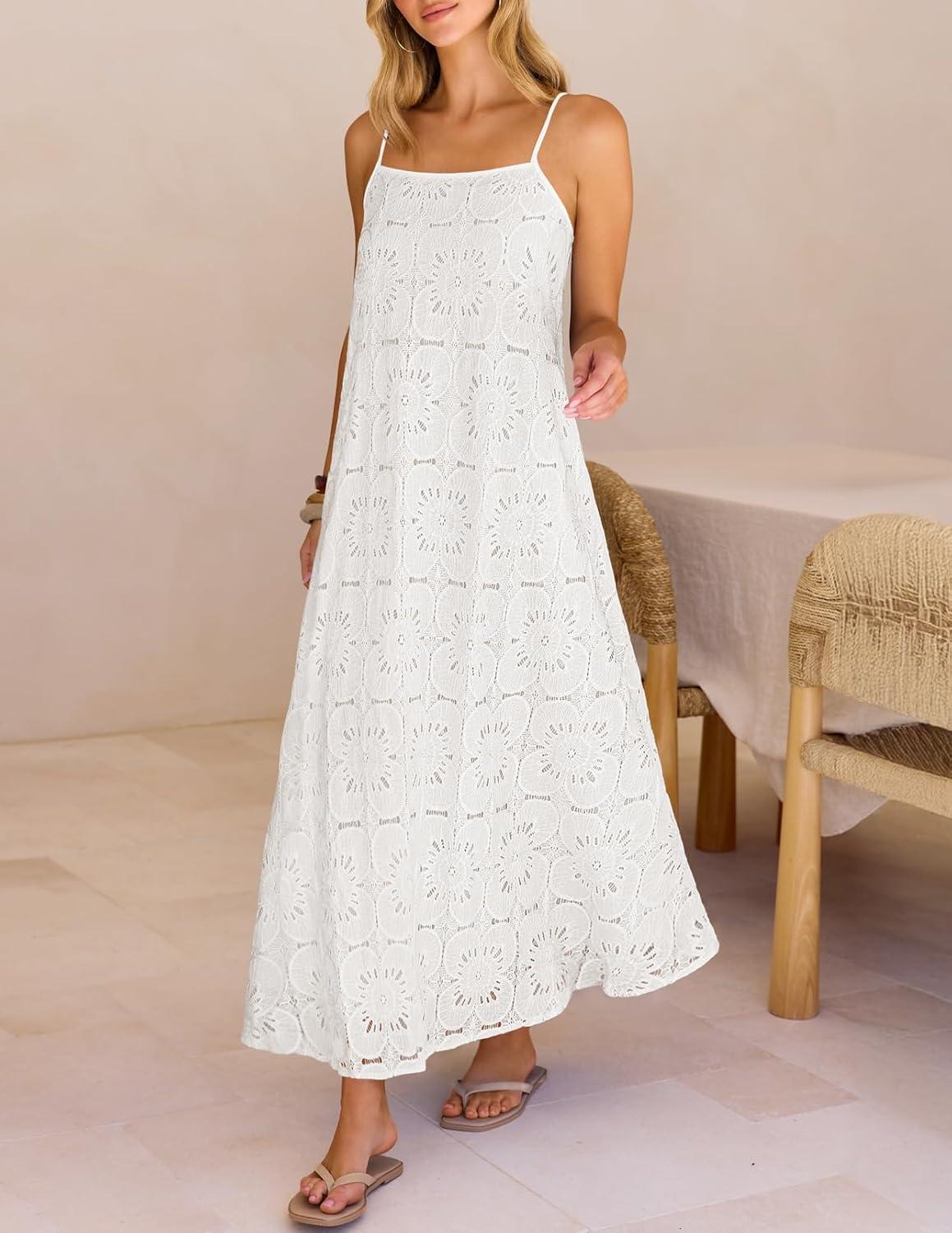 imageMEROKEETY Womens Summer Spaghetti Straps Sundress 2026 Casual Sleeveless Floral Lace Eyelet Boho Beach Maxi DressWhite