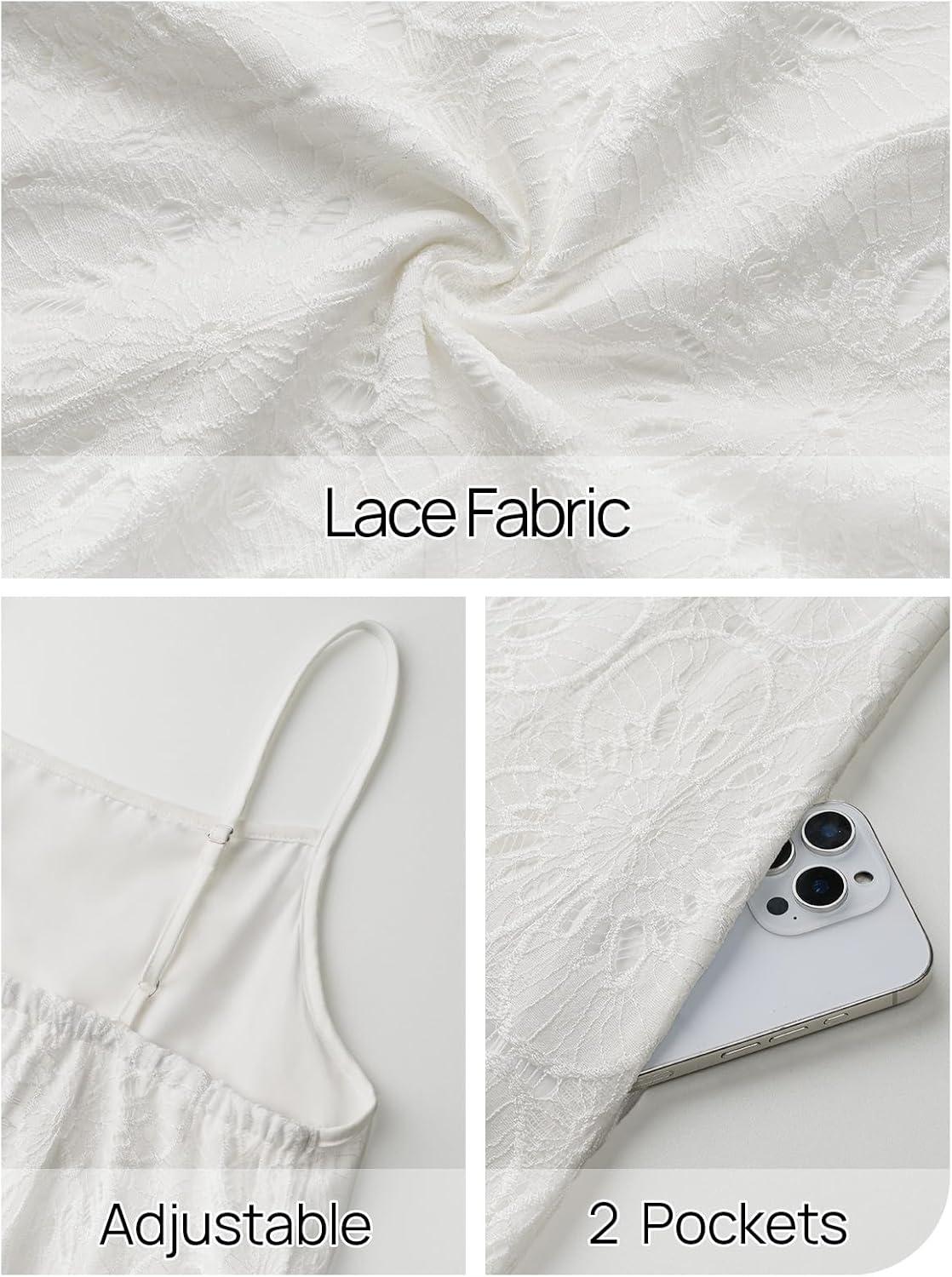 imageMEROKEETY Womens Summer Spaghetti Straps Sundress 2026 Casual Sleeveless Floral Lace Eyelet Boho Beach Maxi DressWhite