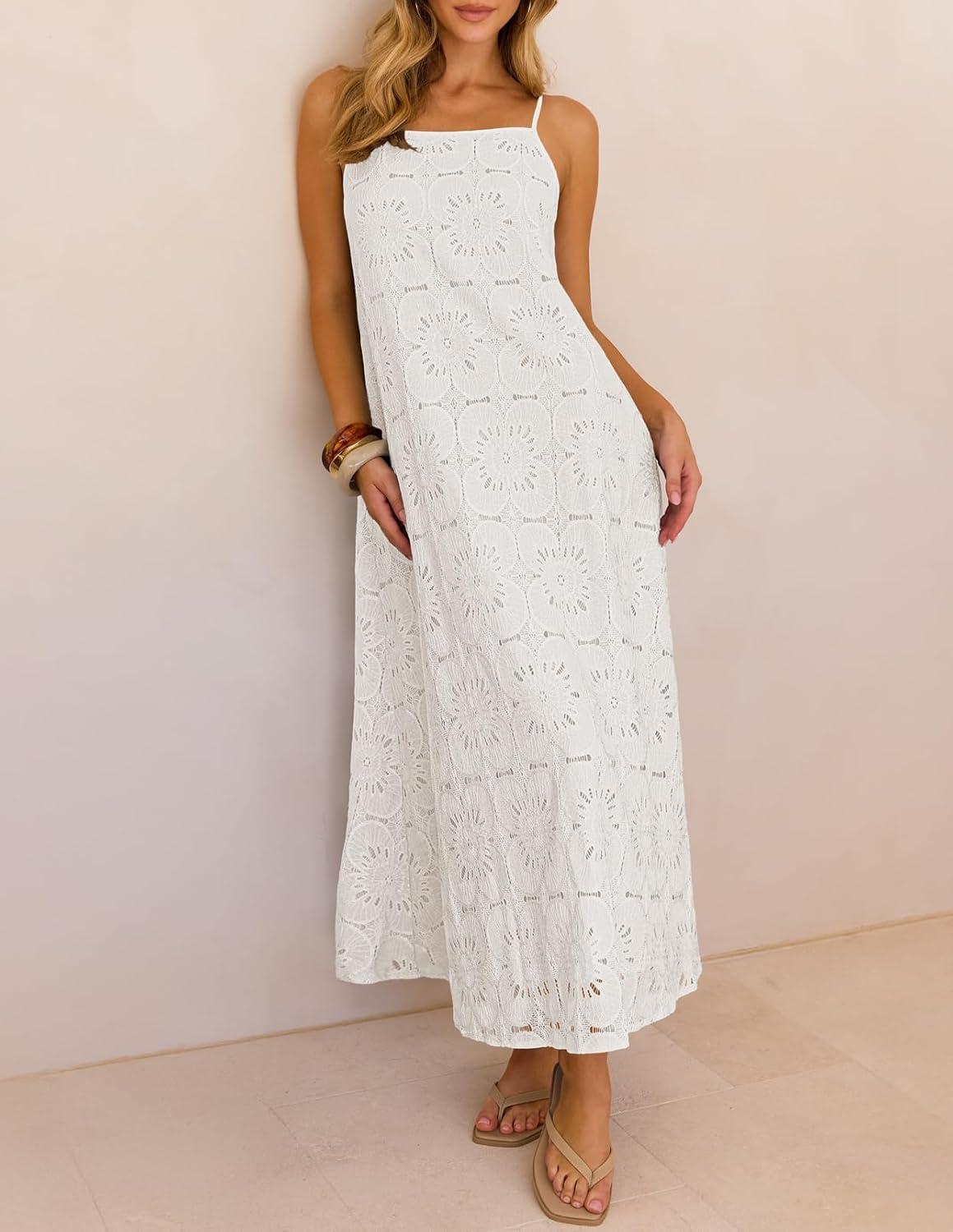 imageMEROKEETY Womens Summer Spaghetti Straps Sundress 2026 Casual Sleeveless Floral Lace Eyelet Boho Beach Maxi DressWhite
