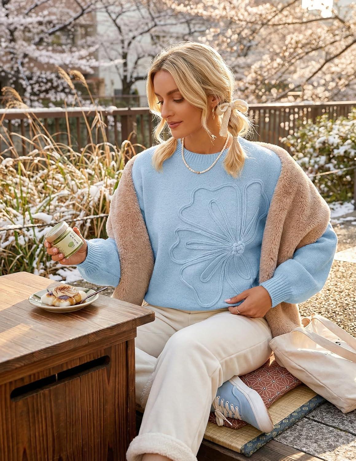 imageMEROKEETY Womens Winter Floral Sweater Crew Neck Lantern Sleeve 2025 Fall Trendy Warm Chunky Oversized Pullover TopsBlue