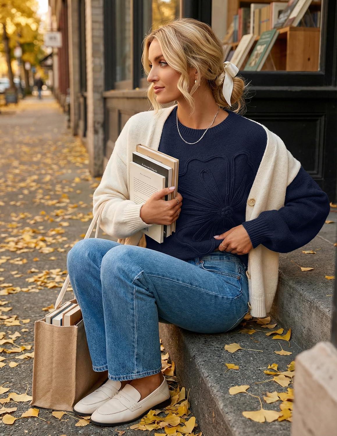 imageMEROKEETY Womens Winter Floral Sweater Crew Neck Lantern Sleeve 2025 Fall Trendy Warm Chunky Oversized Pullover TopsNavy