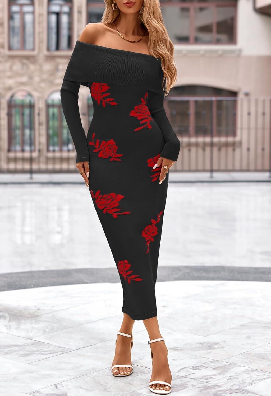 imageMEROKEETY Womens Winter Off Shoulder Bodycon Sweater Dress 2026 Spring Formal Long Sleeve Elegant Club Party Midi DressesBlackrose