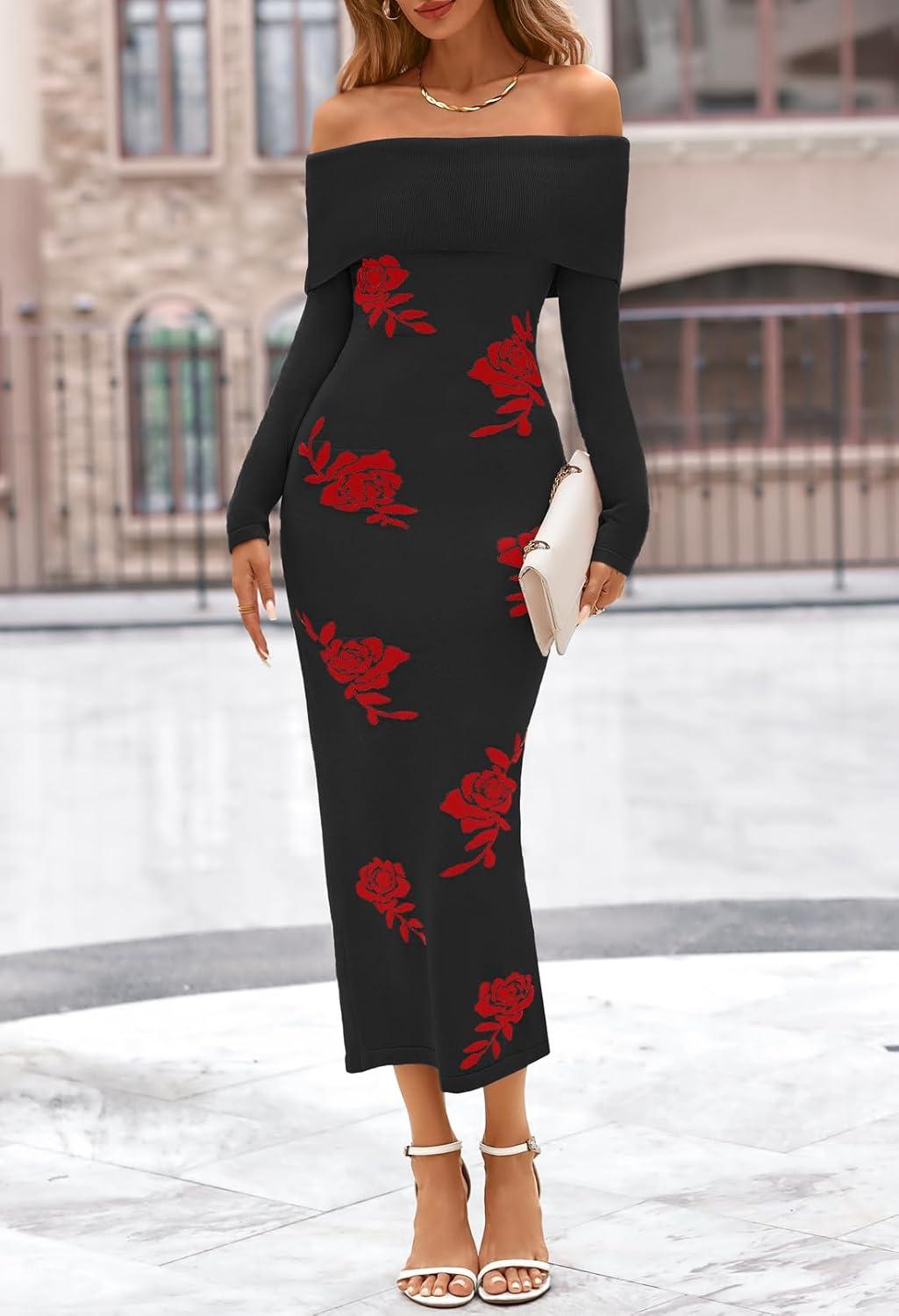 imageMEROKEETY Womens Winter Off Shoulder Bodycon Sweater Dress 2026 Spring Formal Long Sleeve Elegant Club Party Midi DressesBlackrose