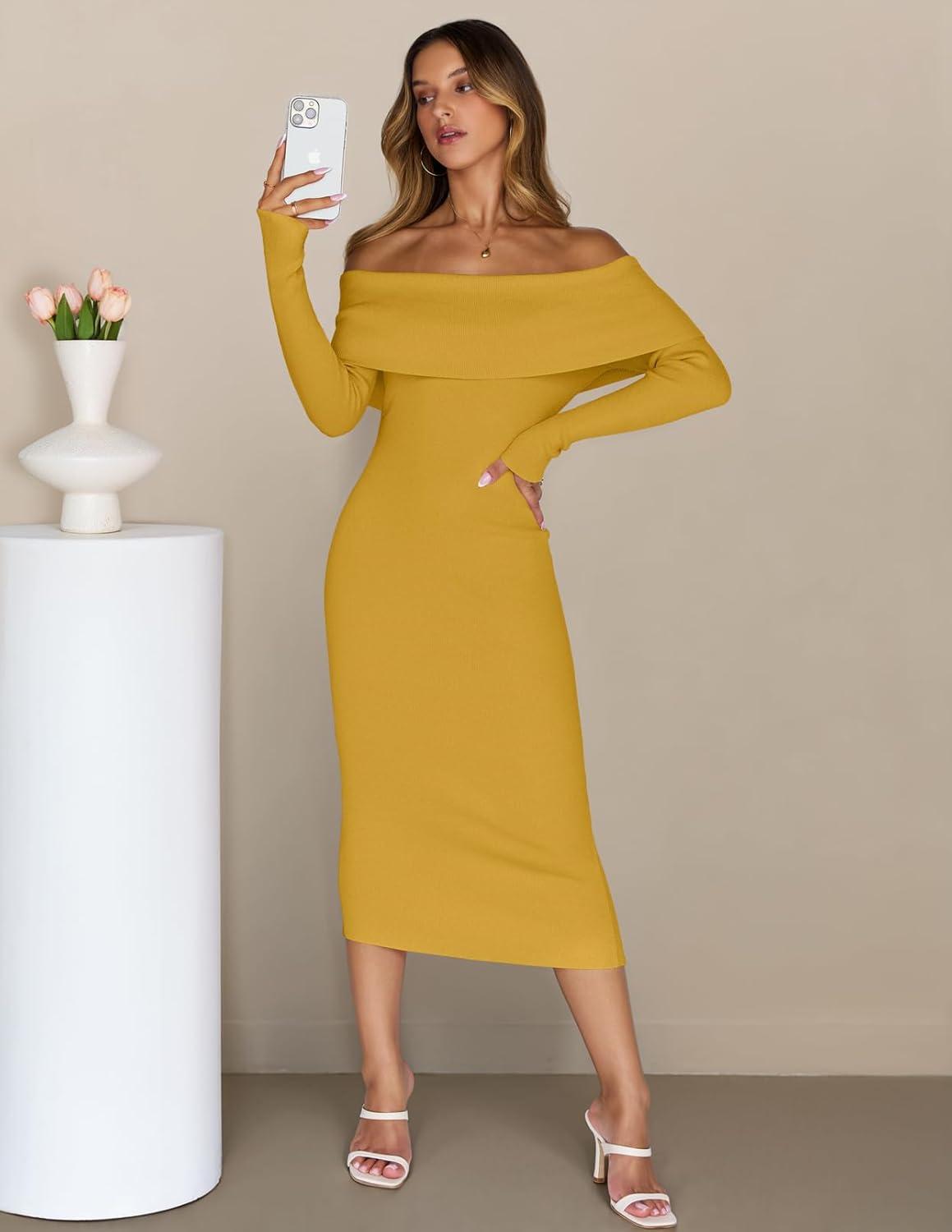 imageMEROKEETY Womens Winter Off Shoulder Bodycon Sweater Dress 2026 Spring Formal Long Sleeve Elegant Club Party Midi DressesGinger