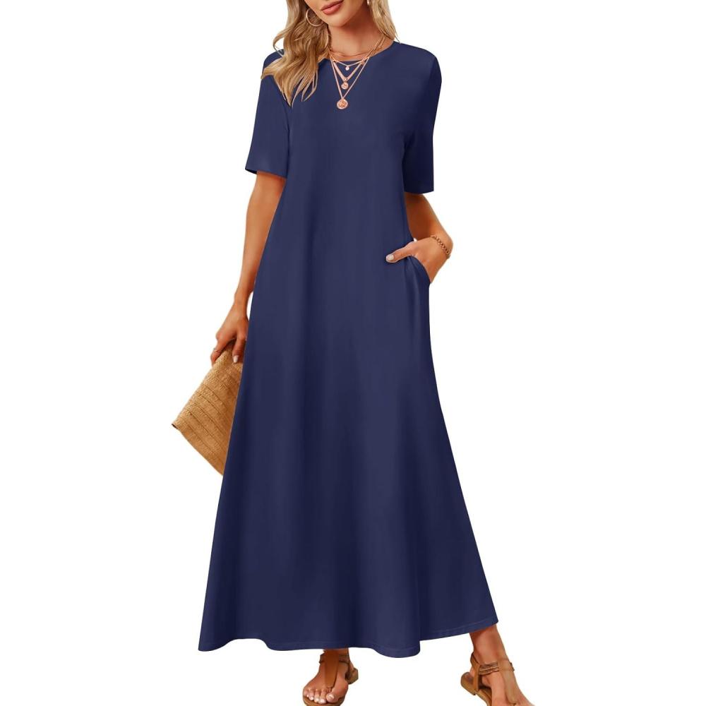 imageMEROKEETY Summer Spring Maxi Dresses for Women 2026 Beach Vacation Casual Short Sleeve Long T Shirt Sundress with PocketsNavy