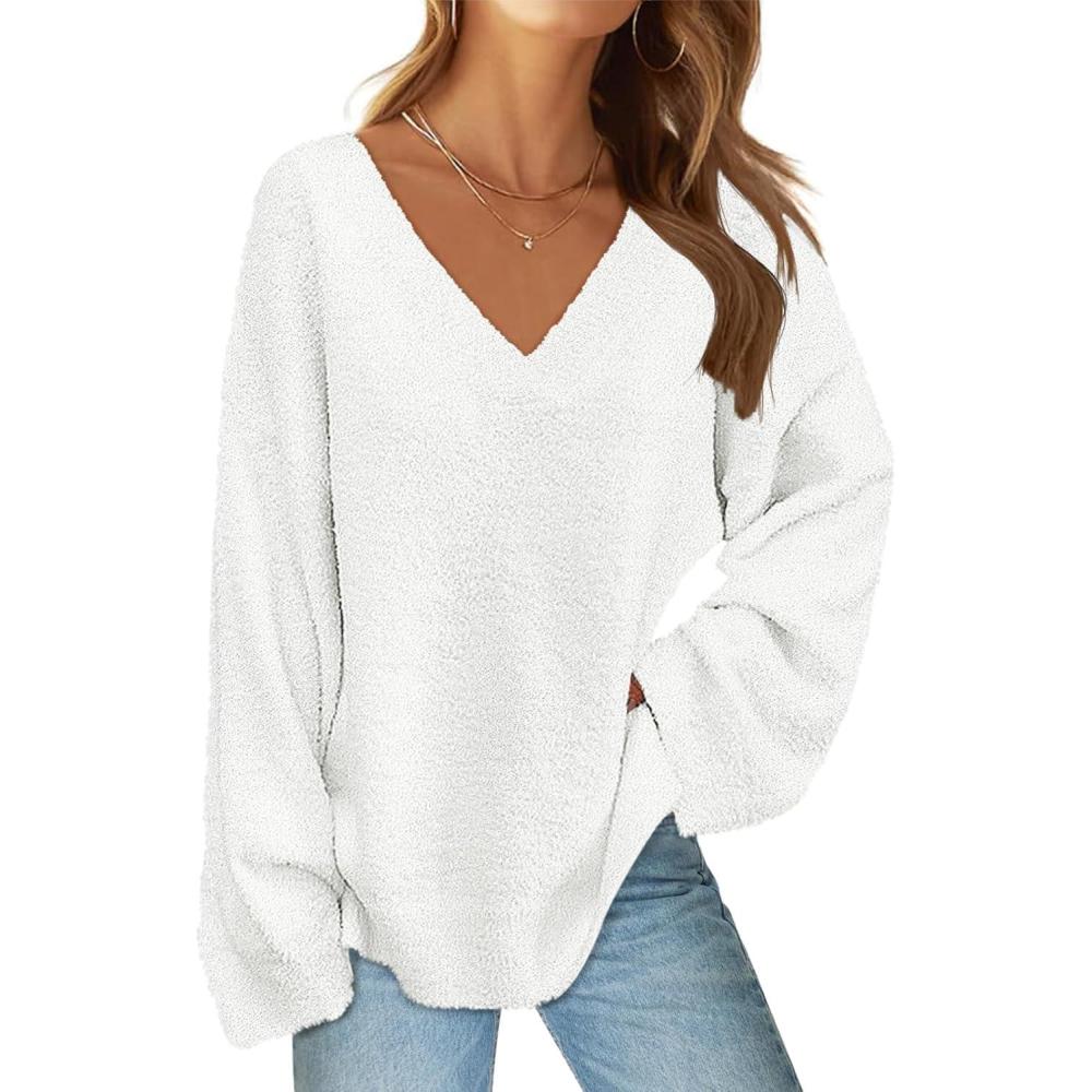 imageMEROKEETY Sweaters for Women Fall 2026 V Neck Oversized Cozy Chunky Knit Long Sleeve Fuzzy Fleece Pullover Winter OutfitsWhite