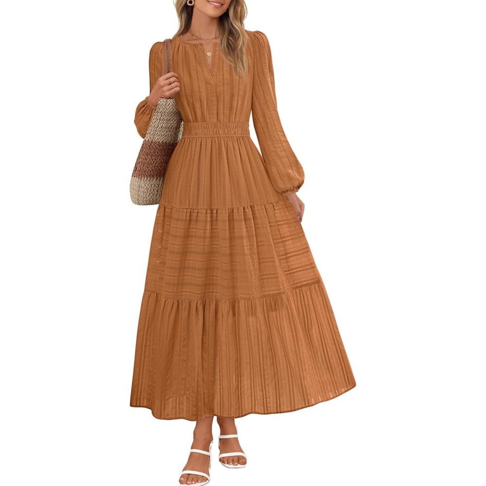 imageMEROKEETY Winter Spring Midi Dresses for Women 2026 Casual Vacation Long Sleeve V Neck Tiered Cotton Maxi Dress PocketsOrange