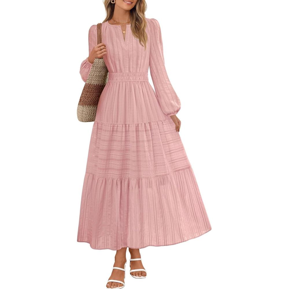 imageMEROKEETY Winter Spring Midi Dresses for Women 2026 Casual Vacation Long Sleeve V Neck Tiered Cotton Maxi Dress PocketsPink