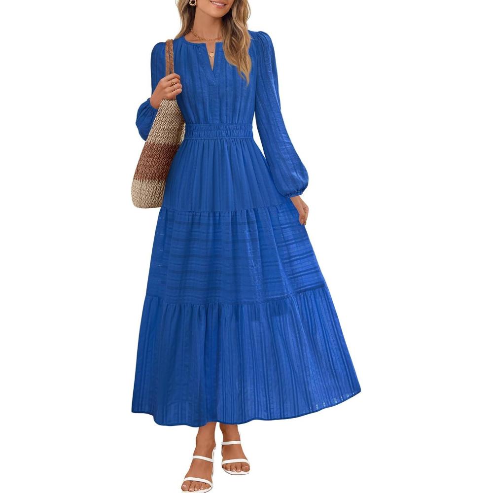 imageMEROKEETY Winter Spring Midi Dresses for Women 2026 Casual Vacation Long Sleeve V Neck Tiered Cotton Maxi Dress PocketsRoyalblue