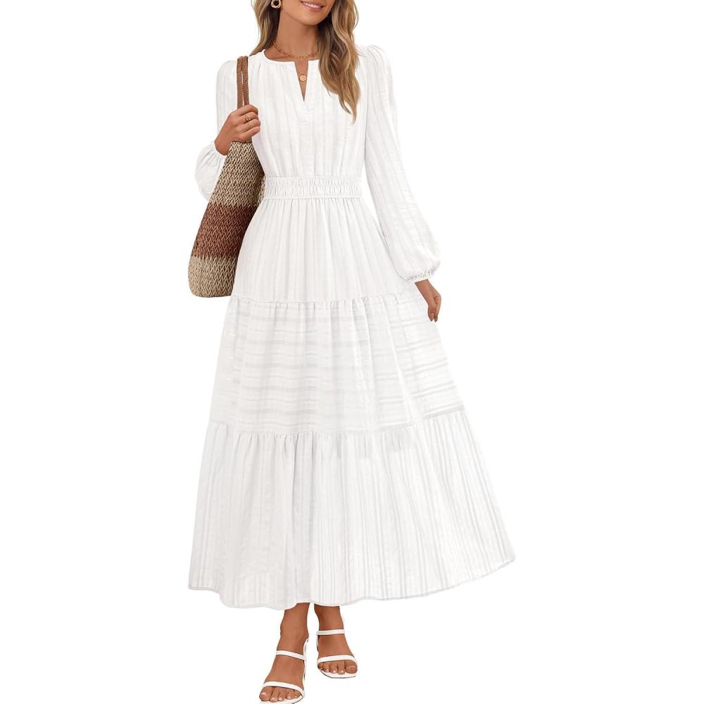 imageMEROKEETY Winter Spring Midi Dresses for Women 2026 Casual Vacation Long Sleeve V Neck Tiered Cotton Maxi Dress PocketsWhite