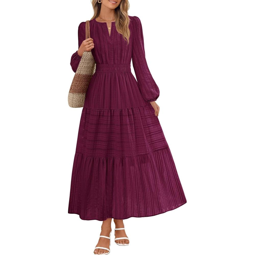 imageMEROKEETY Winter Spring Midi Dresses for Women 2026 Casual Vacation Long Sleeve V Neck Tiered Cotton Maxi Dress PocketsWine