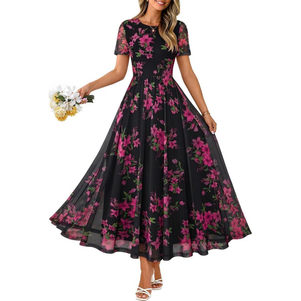 imageMEROKEETY Women Summer Floral Maxi Dress 2026 Spring Mesh Short Sleeve Flowy Wedding Guest Beach Long DressesBlack