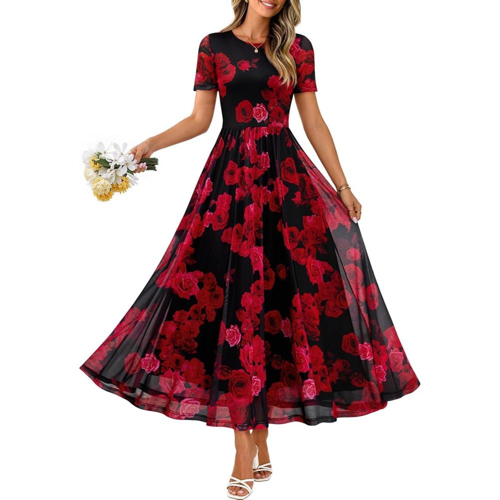 imageMEROKEETY Women Summer Floral Maxi Dress 2026 Spring Mesh Short Sleeve Flowy Wedding Guest Beach Long DressesBlackred