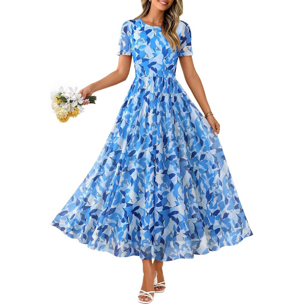 imageMEROKEETY Women Summer Floral Maxi Dress 2026 Spring Mesh Short Sleeve Flowy Wedding Guest Beach Long DressesBlue