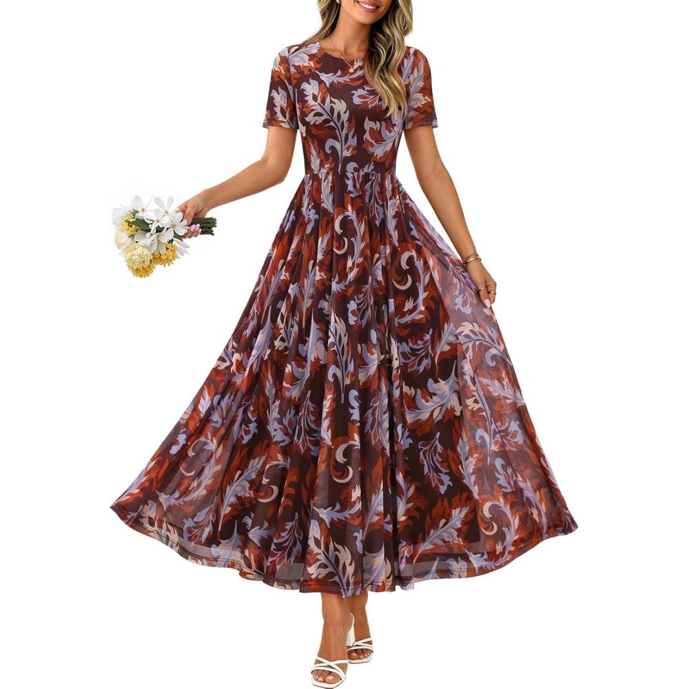 imageMEROKEETY Women Summer Floral Maxi Dress 2026 Spring Mesh Short Sleeve Flowy Wedding Guest Beach Long DressesBrown