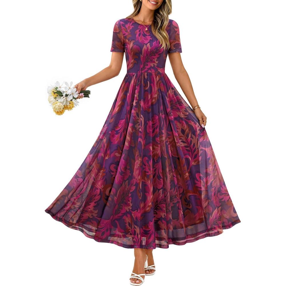 imageMEROKEETY Women Summer Floral Maxi Dress 2026 Spring Mesh Short Sleeve Flowy Wedding Guest Beach Long DressesPlum