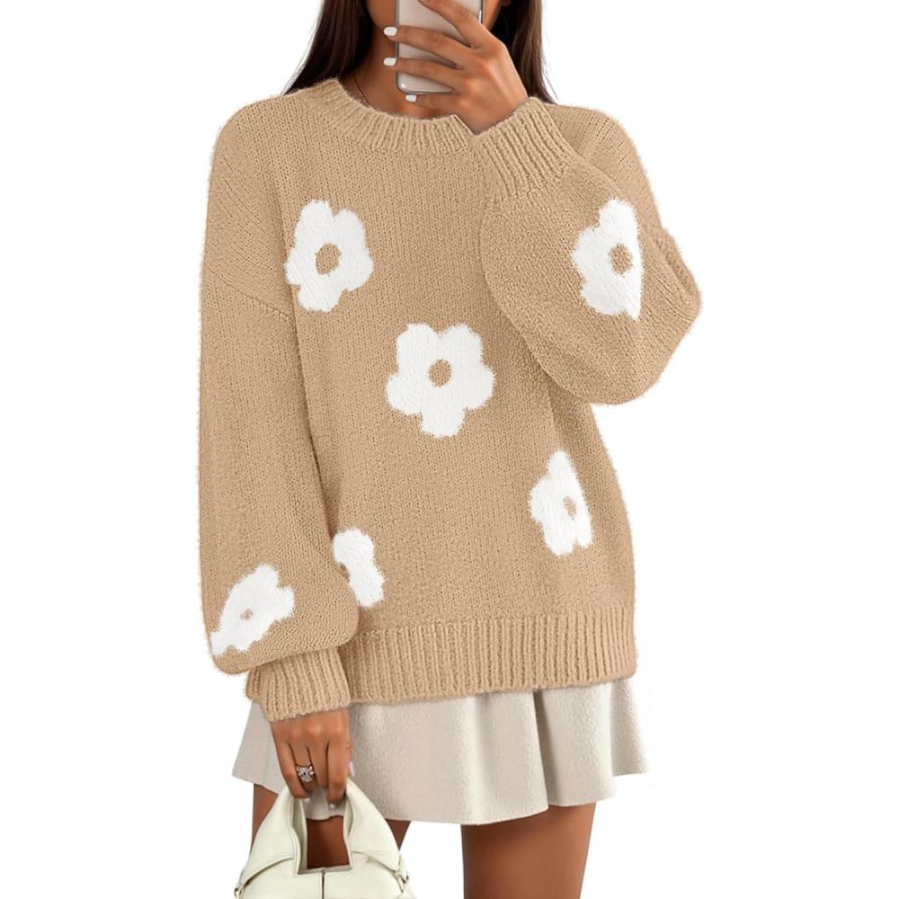 imageMEROKEETY Womens 2025 Fall Floral Sweater Cute Long Lantern Sleeve Crewneck Knit Pullover TopsKhaki