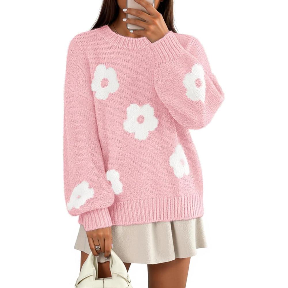 imageMEROKEETY Womens 2025 Fall Floral Sweater Cute Long Lantern Sleeve Crewneck Knit Pullover TopsPink