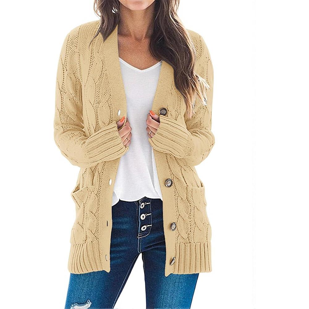 imageMEROKEETY Womens 2025 Fall Long Sleeve Cable Knit Sweater Open Front Cardigan Button Loose OuterwearApricot