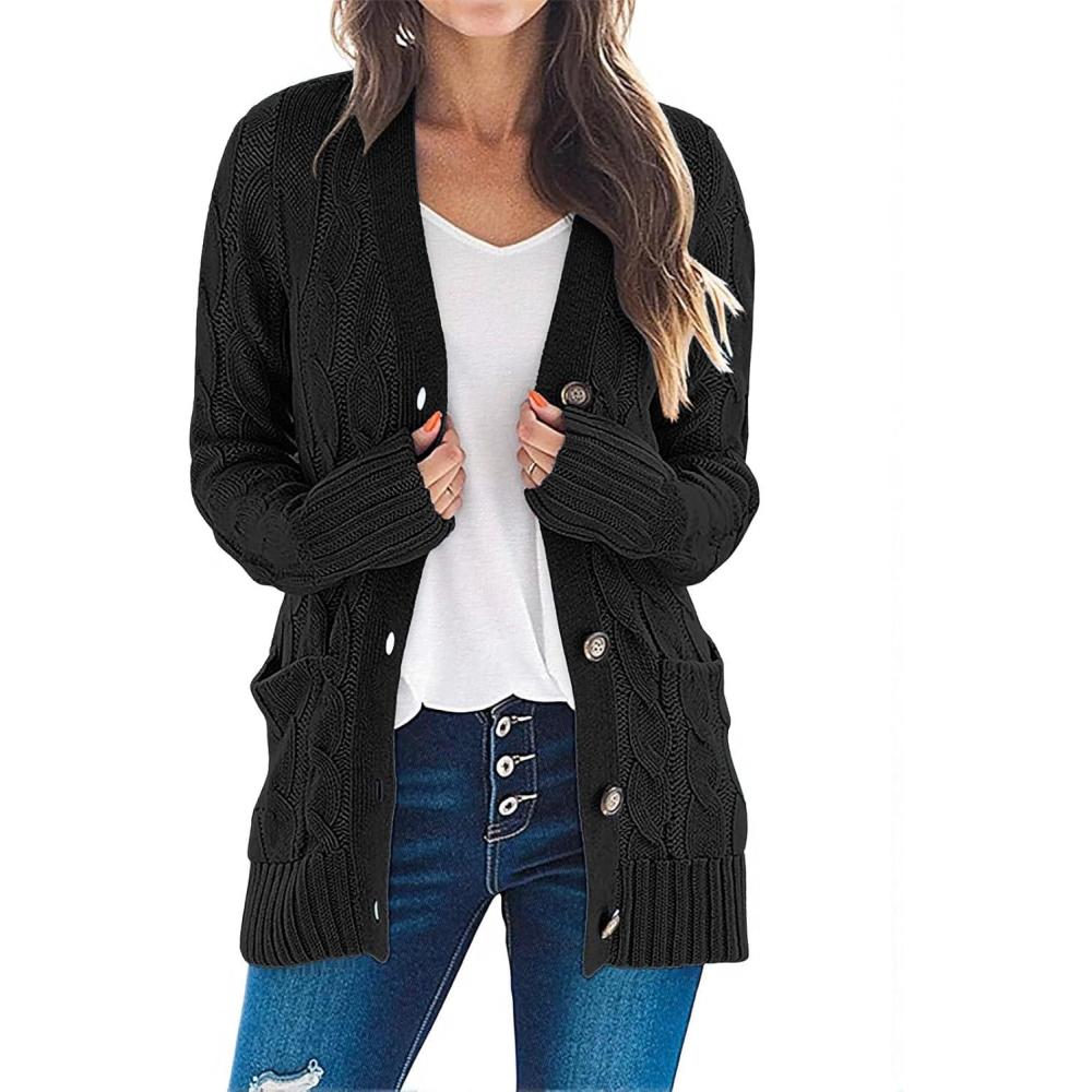 imageMEROKEETY Womens 2025 Fall Long Sleeve Cable Knit Sweater Open Front Cardigan Button Loose OuterwearBlack