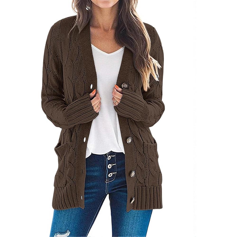 imageMEROKEETY Womens 2025 Fall Long Sleeve Cable Knit Sweater Open Front Cardigan Button Loose OuterwearDark Brown