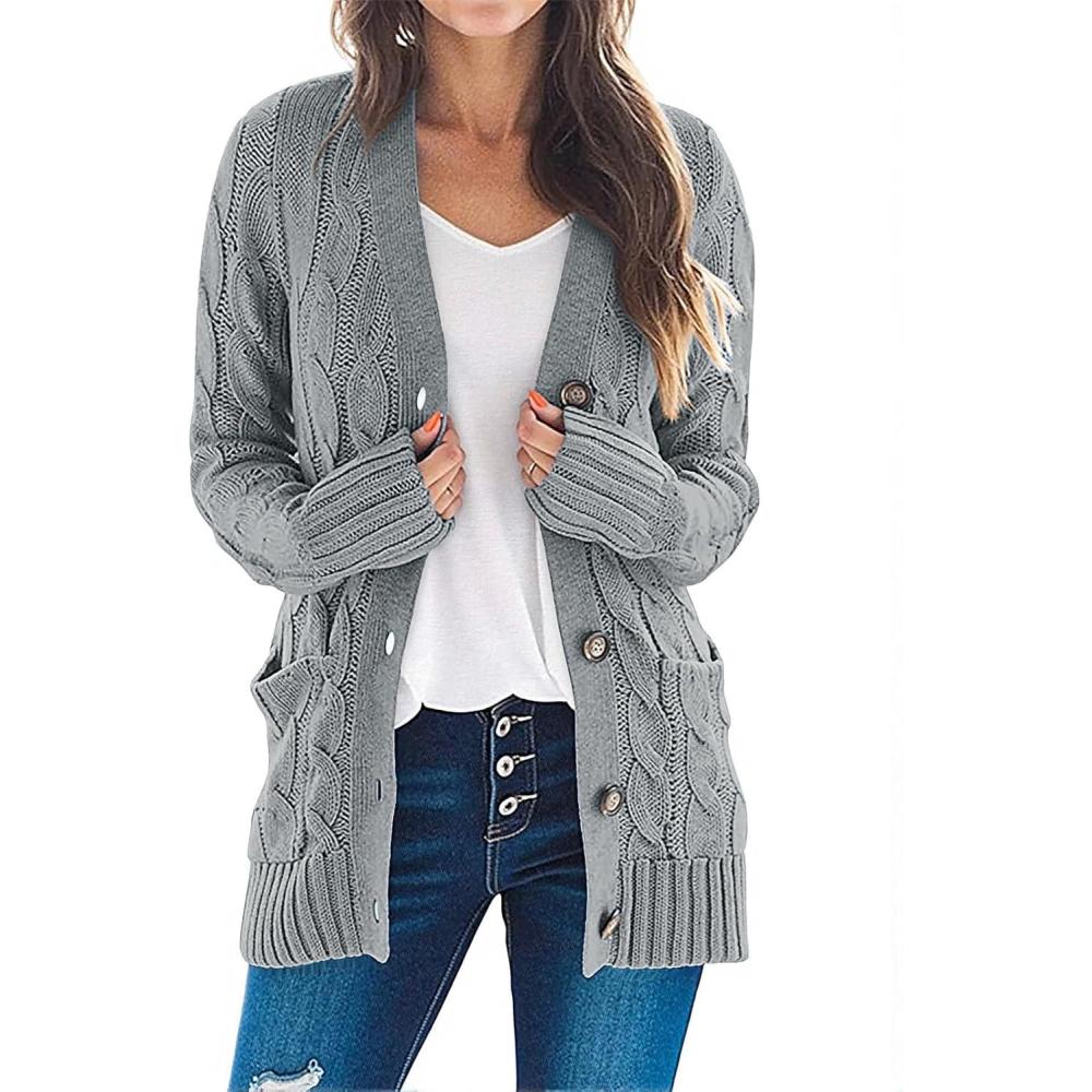 imageMEROKEETY Womens 2025 Fall Long Sleeve Cable Knit Sweater Open Front Cardigan Button Loose OuterwearGrey