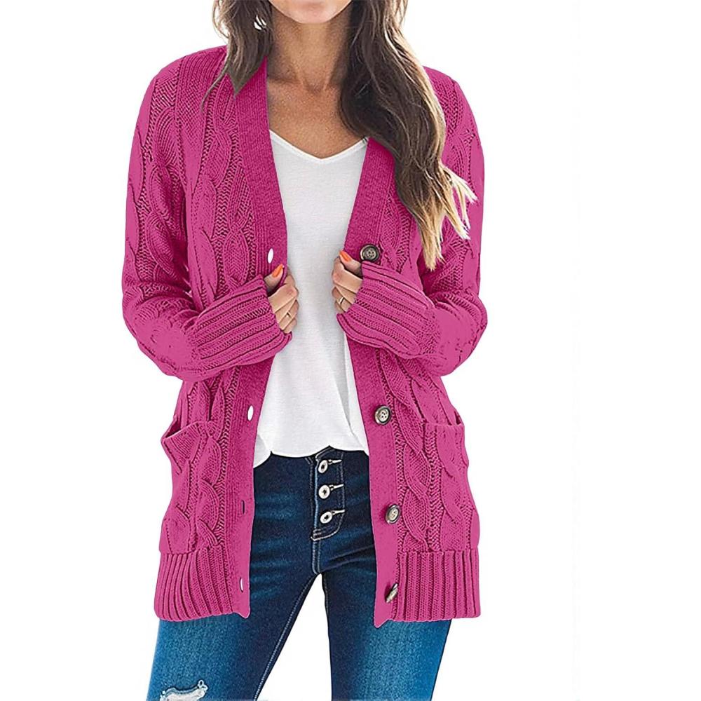 imageMEROKEETY Womens 2025 Fall Long Sleeve Cable Knit Sweater Open Front Cardigan Button Loose OuterwearHot Pink