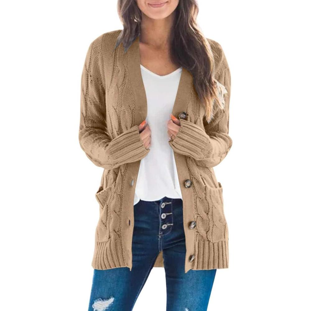 imageMEROKEETY Womens 2025 Fall Long Sleeve Cable Knit Sweater Open Front Cardigan Button Loose OuterwearKhaki