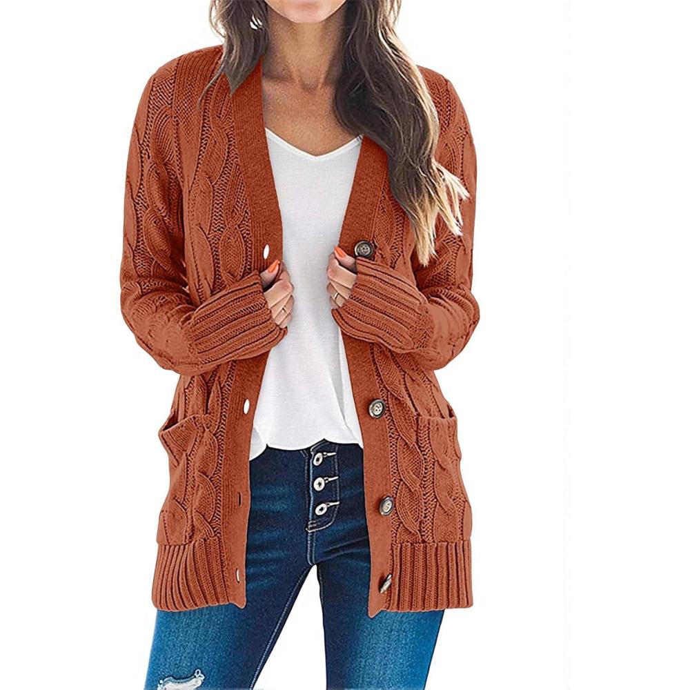 imageMEROKEETY Womens 2025 Fall Long Sleeve Cable Knit Sweater Open Front Cardigan Button Loose OuterwearRust