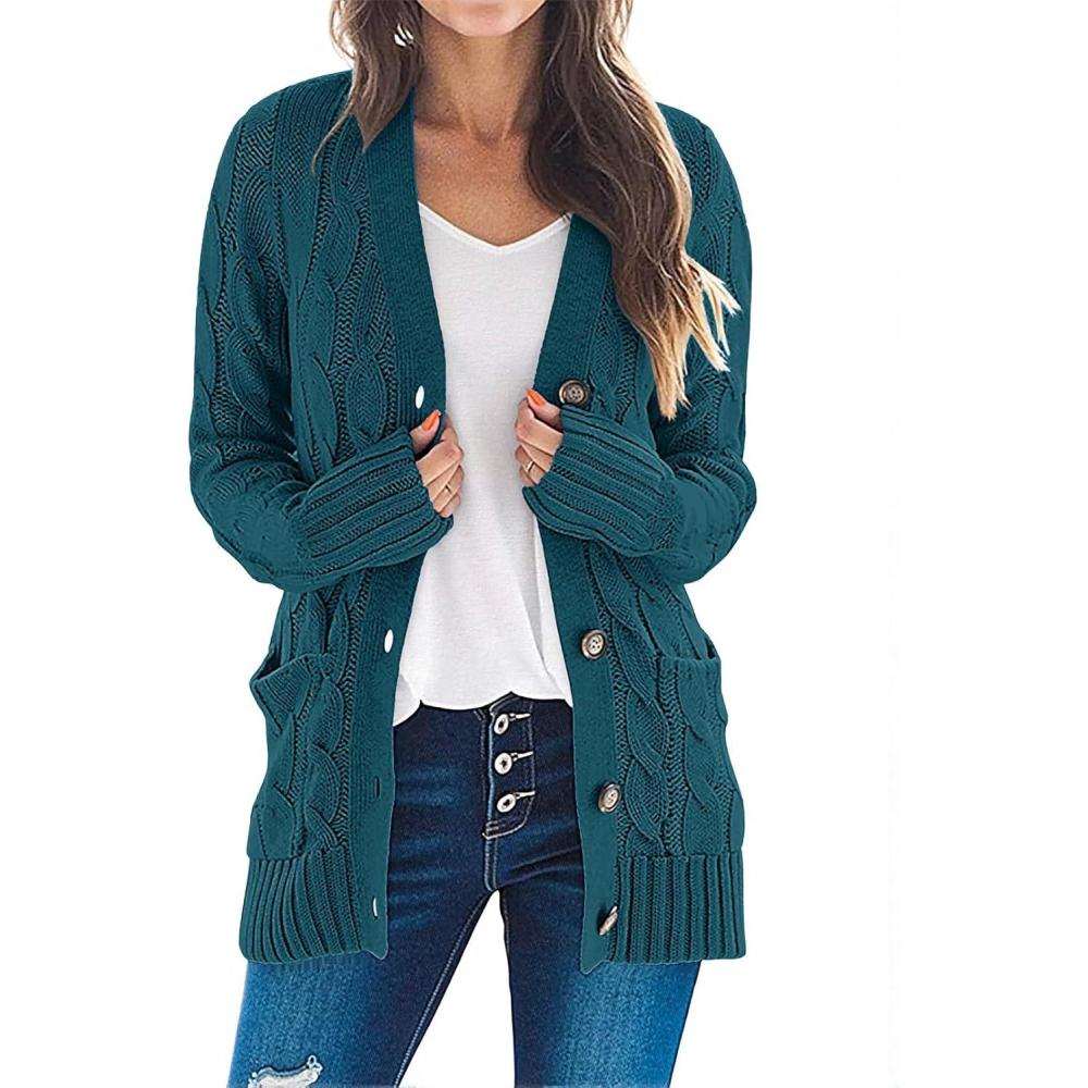 imageMEROKEETY Womens 2025 Fall Long Sleeve Cable Knit Sweater Open Front Cardigan Button Loose OuterwearTeal