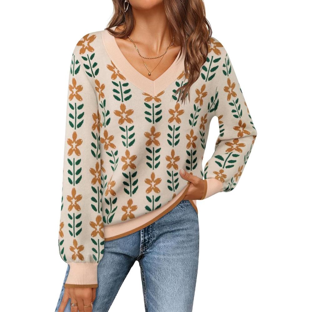 imageMEROKEETY Womens 2025 Fall Long Sleeve Sweater V Neck Winter Tops Casual Lightweight Knit Pullover ShirtsFlower Apricot