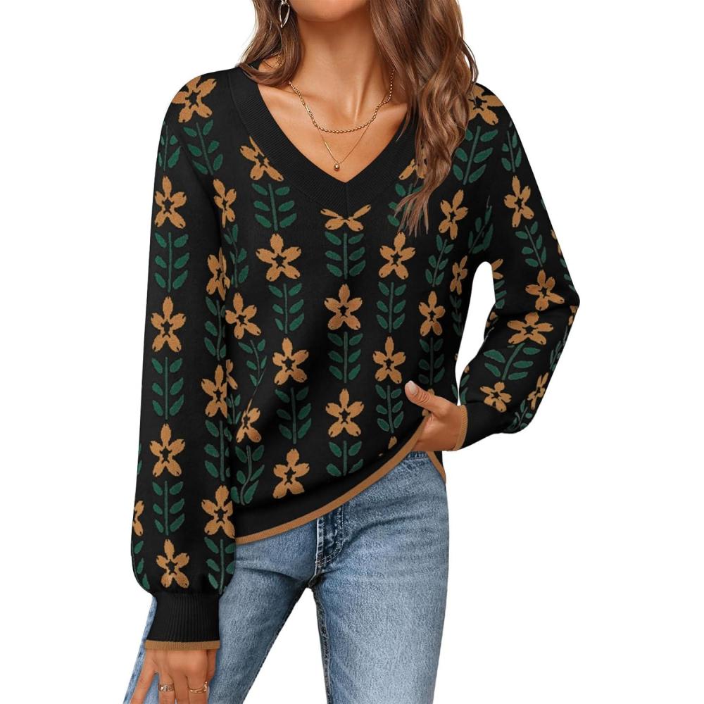 imageMEROKEETY Womens 2025 Fall Long Sleeve Sweater V Neck Winter Tops Casual Lightweight Knit Pullover ShirtsFlower Black
