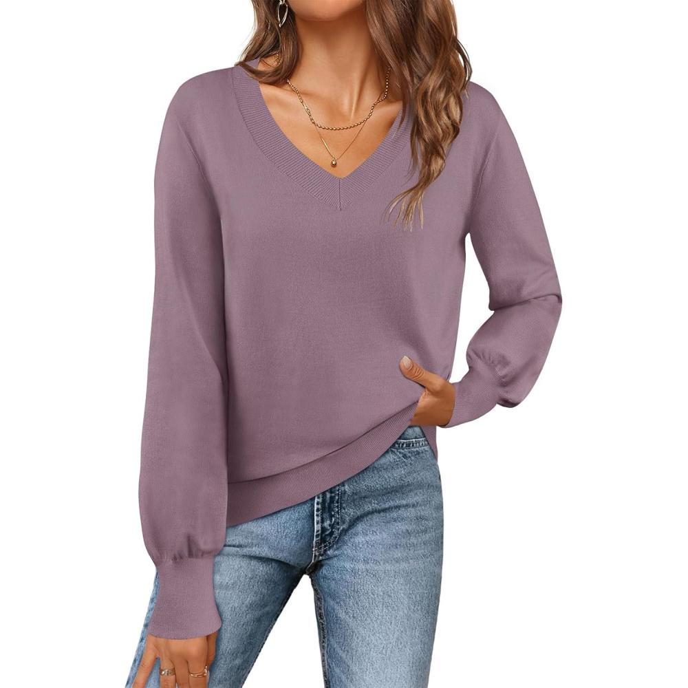 imageMEROKEETY Womens 2025 Fall Long Sleeve Sweater V Neck Winter Tops Casual Lightweight Knit Pullover ShirtsPurple