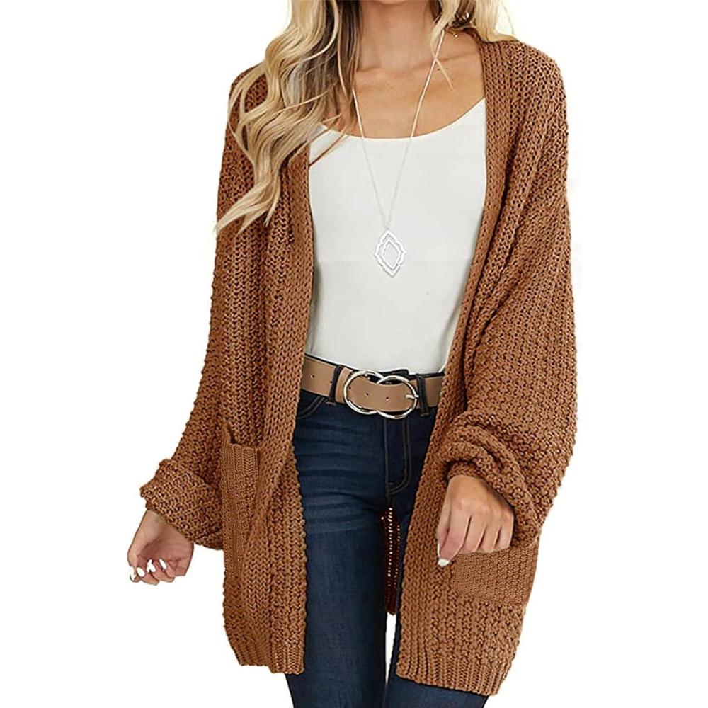 imageMEROKEETY Womens 2025 Fall Open Front Chunky Knit Sweater Oversized Lantern Sleeve Cardigan OutwearBrown