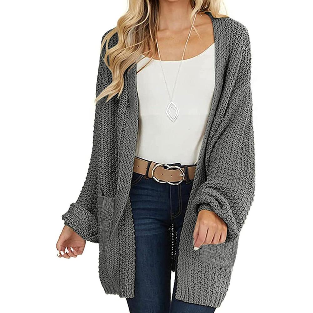 imageMEROKEETY Womens 2025 Fall Open Front Chunky Knit Sweater Oversized Lantern Sleeve Cardigan OutwearDark Grey