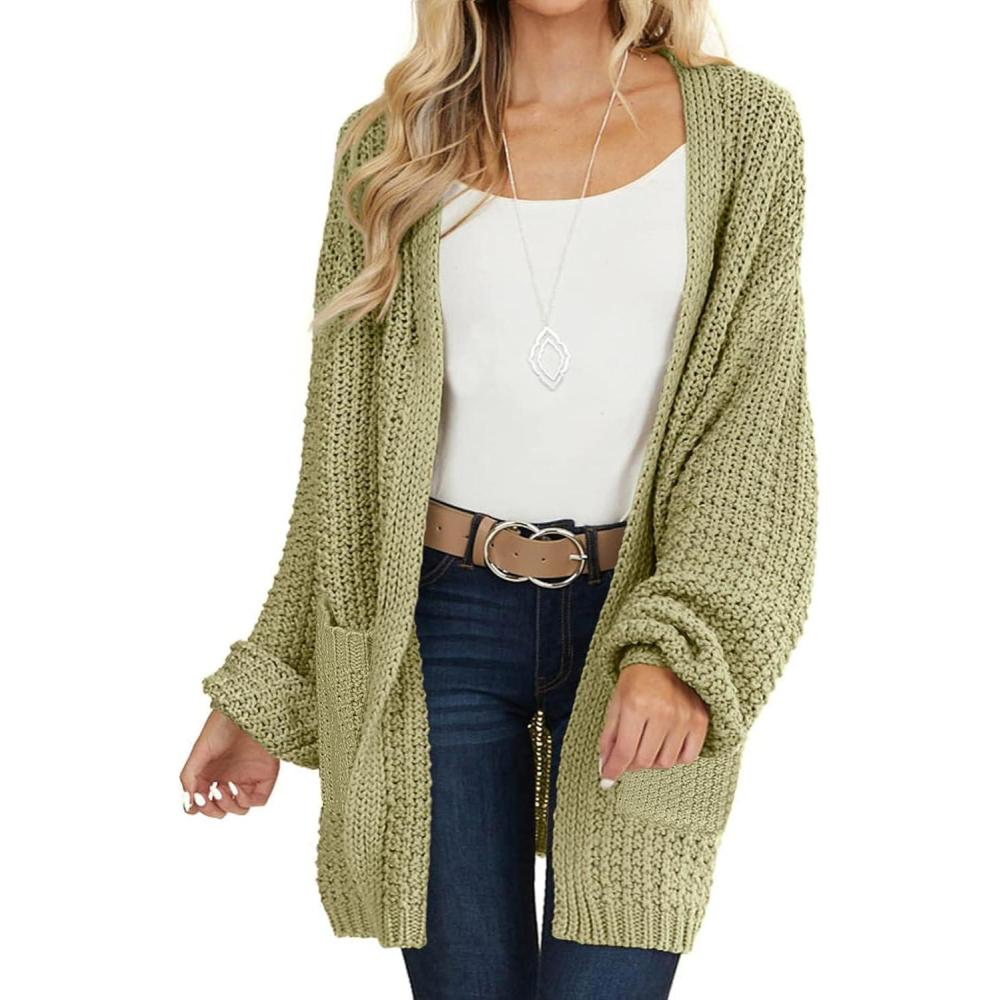 imageMEROKEETY Womens 2025 Fall Open Front Chunky Knit Sweater Oversized Lantern Sleeve Cardigan OutwearGreen