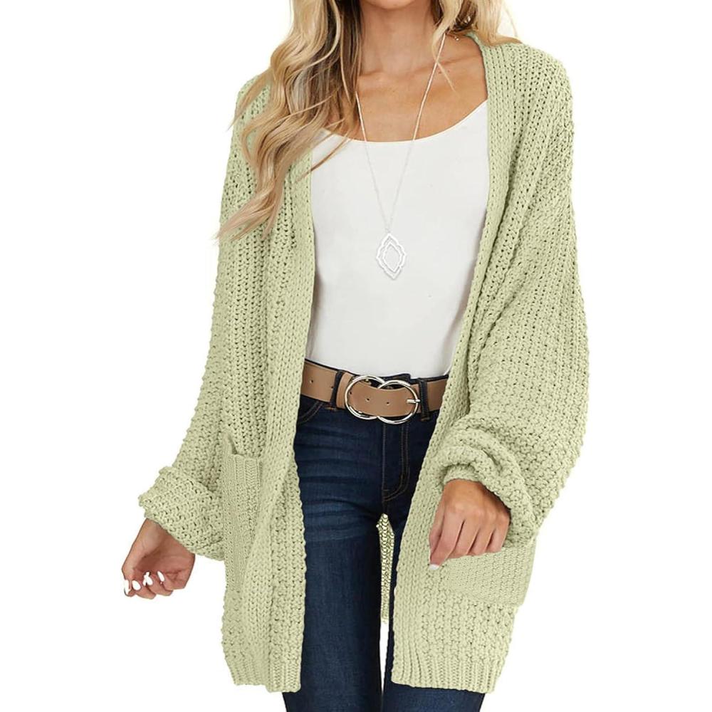 imageMEROKEETY Womens 2025 Fall Open Front Chunky Knit Sweater Oversized Lantern Sleeve Cardigan OutwearLightgreen
