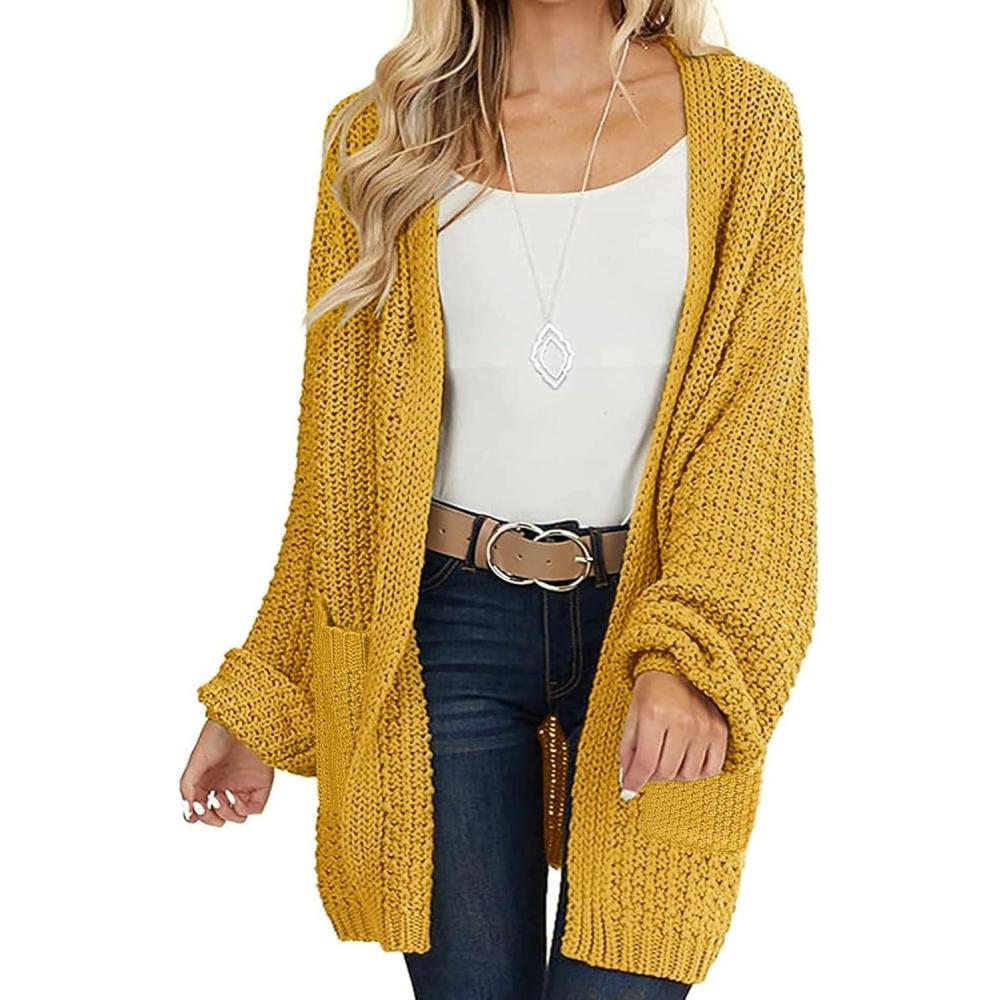 imageMEROKEETY Womens 2025 Fall Open Front Chunky Knit Sweater Oversized Lantern Sleeve Cardigan OutwearMustard