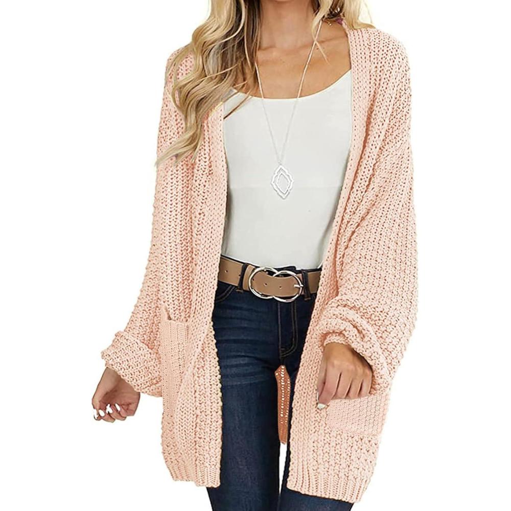 imageMEROKEETY Womens 2025 Fall Open Front Chunky Knit Sweater Oversized Lantern Sleeve Cardigan OutwearPink