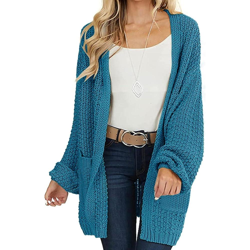 imageMEROKEETY Womens 2025 Fall Open Front Chunky Knit Sweater Oversized Lantern Sleeve Cardigan OutwearTeal