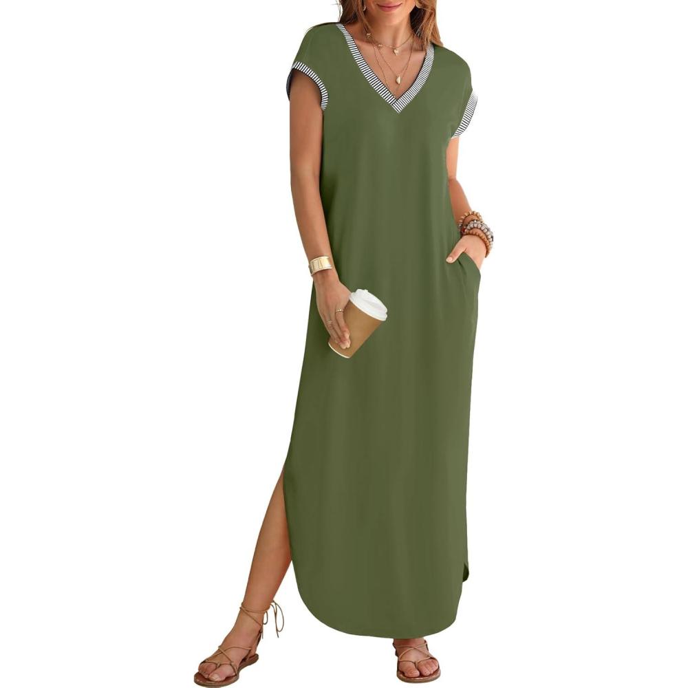 imageMEROKEETY Womens 2025 Spring Summer Maxi Dress Casual V Neck Split Beach Vacation Loose Long DressesArmygreen