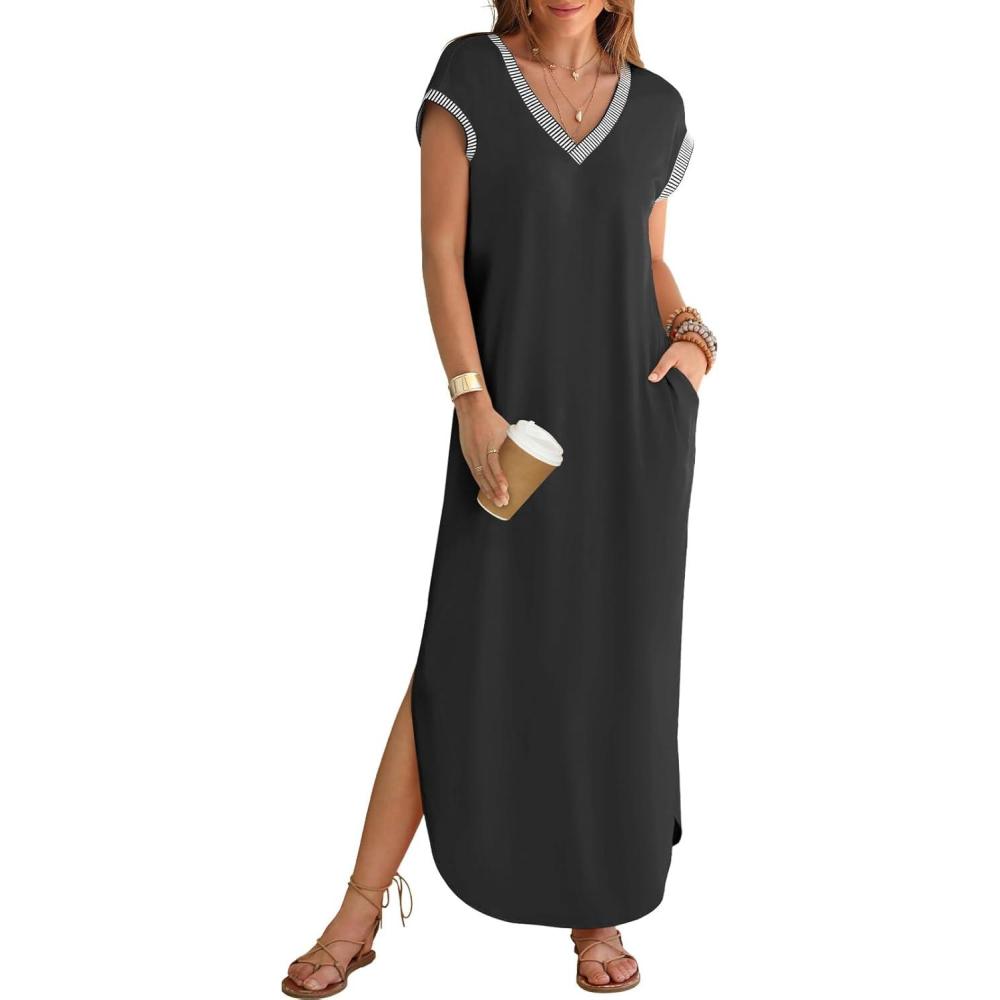 imageMEROKEETY Womens 2025 Spring Summer Maxi Dress Casual V Neck Split Beach Vacation Loose Long DressesBlack